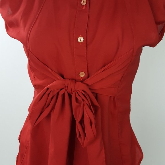 Bow Tie High Low Assymmetrical Blouse Red - Picture 8 of 10